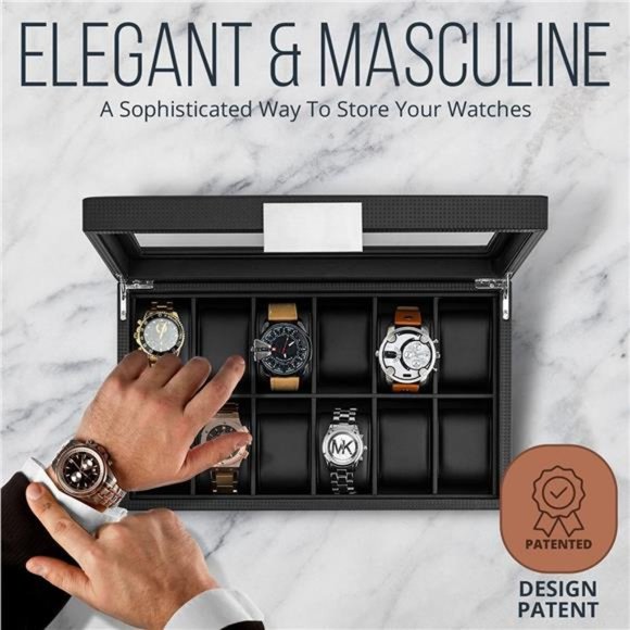 Watch Box for Men 12 Slot Luxurious & Masculine Carbon Fiber Textured Watch Case - Picture 4 of 5